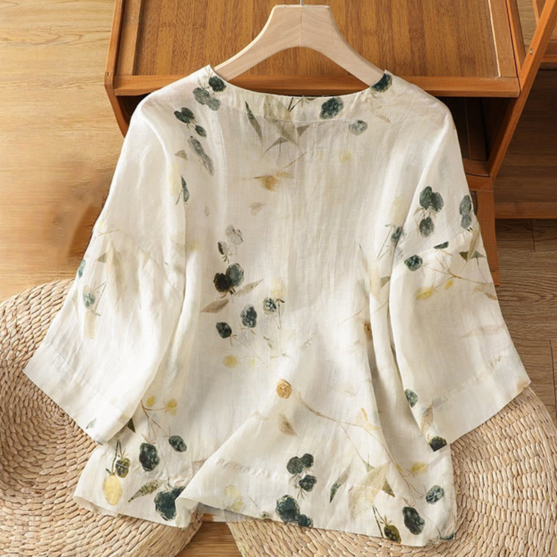 Camicia da donna a maniche a tre quarti in poliestere con scollo a V e stampa Buddha Stones piante, con bottoni. - image 1