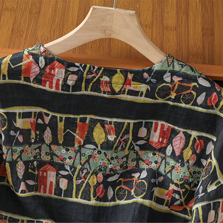 Camicia da donna a maniche a tre quarti in poliestere con scollo a V e stampa Buddha Stones piante, con bottoni. - image 11