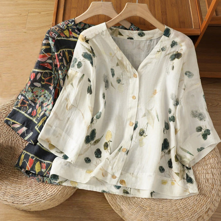Camicia da donna a maniche a tre quarti in poliestere con scollo a V e stampa Buddha Stones piante, con bottoni. - image 16