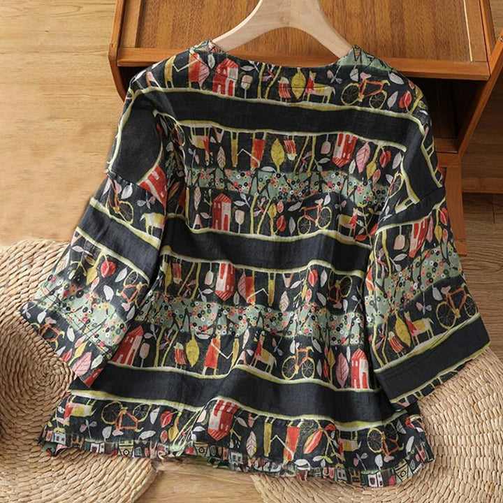 Camicia da donna a maniche a tre quarti in poliestere con scollo a V e stampa Buddha Stones piante, con bottoni. - image 10