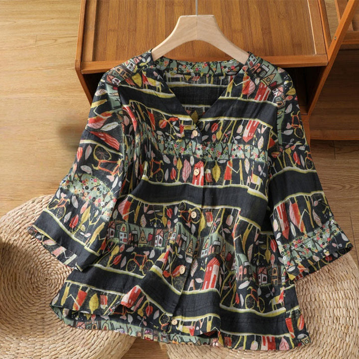 Camicia da donna a maniche a tre quarti in poliestere con scollo a V e stampa Buddha Stones piante, con bottoni. - Nero - US14, UK/AU18, EU46 (2XL) - image 9