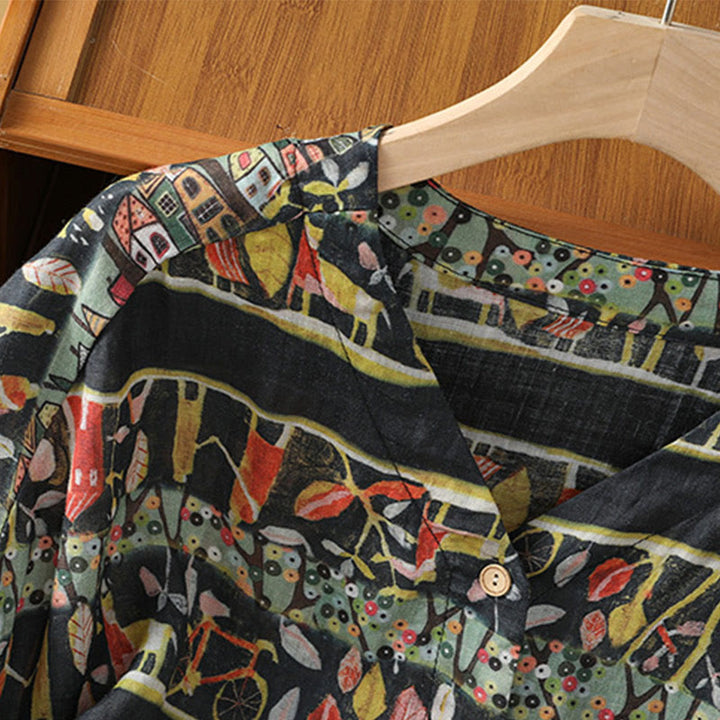 Camicia da donna a maniche a tre quarti in poliestere con scollo a V e stampa Buddha Stones piante, con bottoni. - image 13