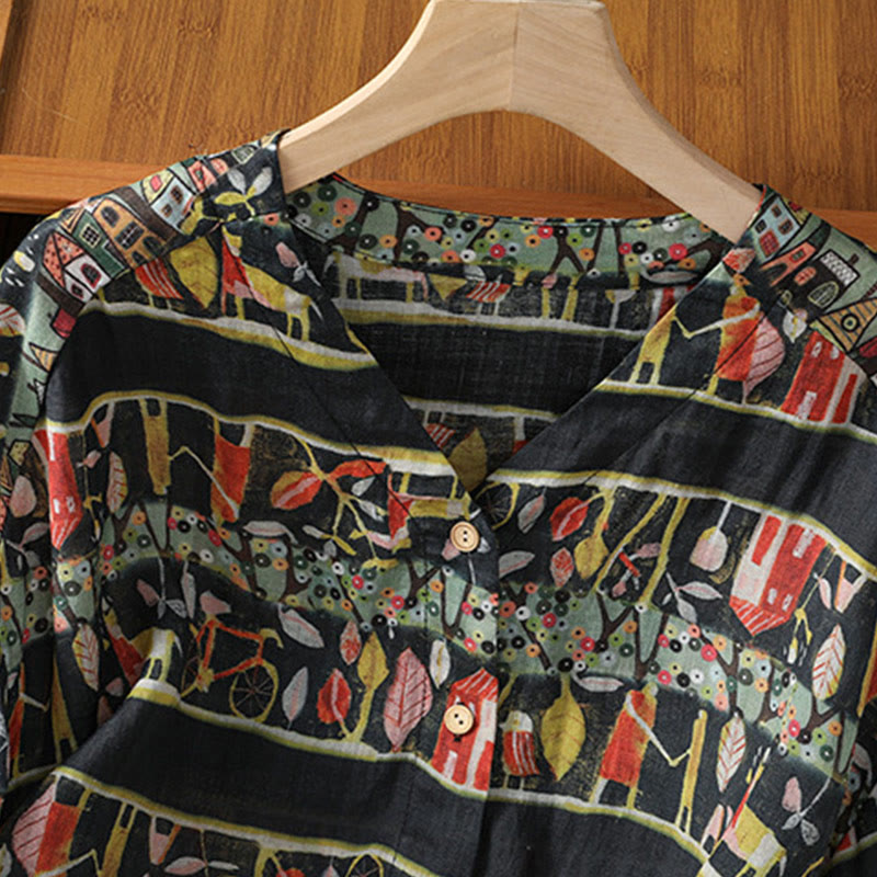 Camicia da donna a maniche a tre quarti in poliestere con scollo a V e stampa Buddha Stones piante, con bottoni. - image 14