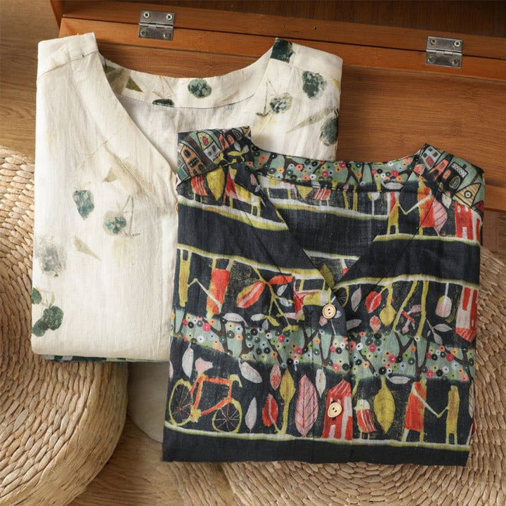 Camicia da donna a maniche a tre quarti in poliestere con scollo a V e stampa Buddha Stones piante, con bottoni. - image 17