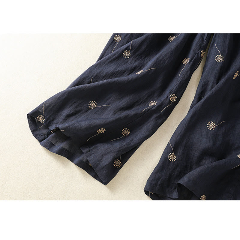 Pantaloni da donna in cotone e lino a gamba larga, modello Buddha Stones MidnightBlue Casual Commute con motivo a dente di leone