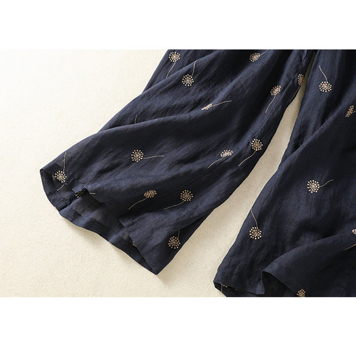 Pantaloni da donna in cotone e lino a gamba larga, modello Buddha Stones MidnightBlue Casual Commute con motivo a dente di leone - image 9
