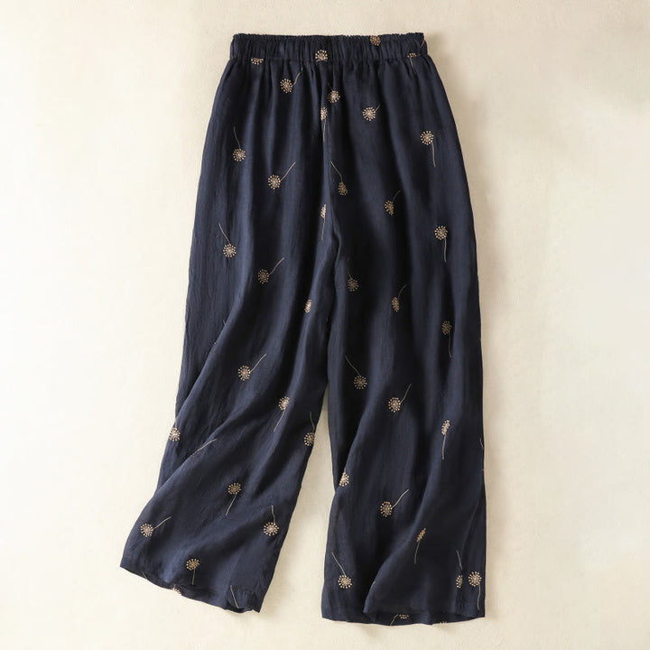 Pantaloni da donna in cotone e lino a gamba larga, modello Buddha Stones MidnightBlue Casual Commute con motivo a dente di leone