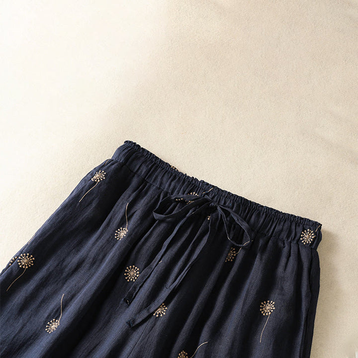 Pantaloni da donna in cotone e lino a gamba larga, modello Buddha Stones MidnightBlue Casual Commute con motivo a dente di leone