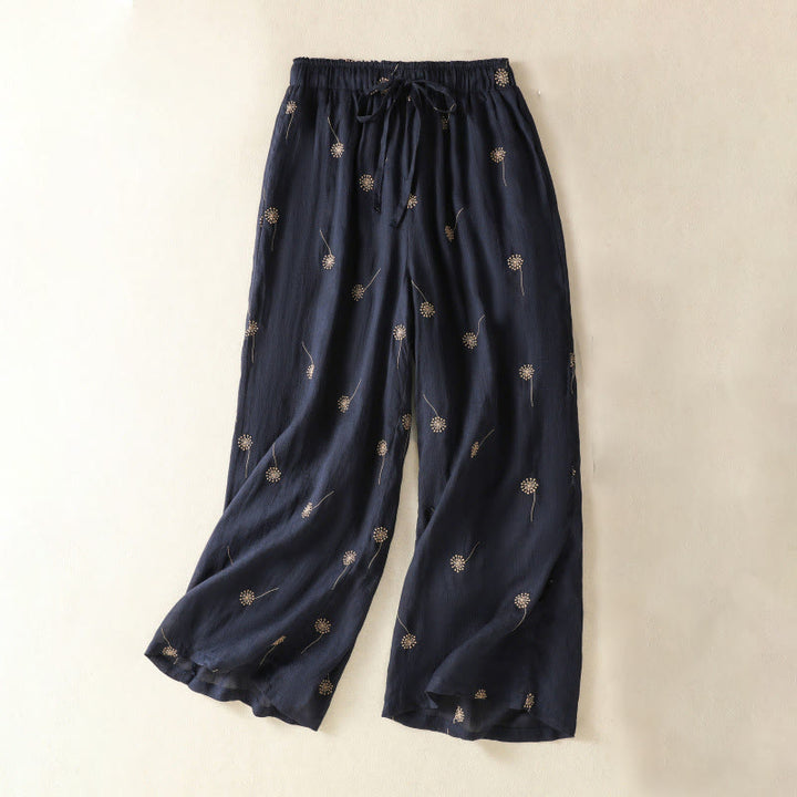 Pantaloni da donna in cotone e lino a gamba larga, modello Buddha Stones MidnightBlue Casual Commute con motivo a dente di leone