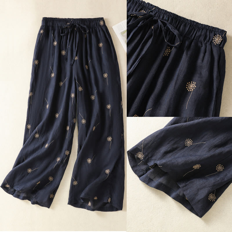 Pantaloni da donna in cotone e lino a gamba larga, modello Buddha Stones MidnightBlue Casual Commute con motivo a dente di leone