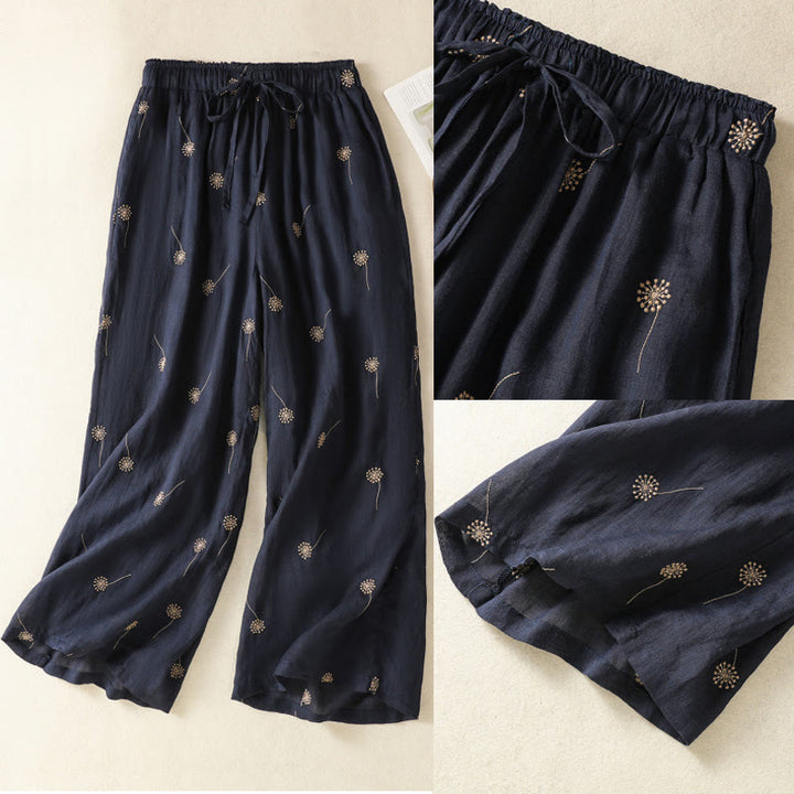 Pantaloni da donna in cotone e lino a gamba larga, modello Buddha Stones MidnightBlue Casual Commute con motivo a dente di leone
