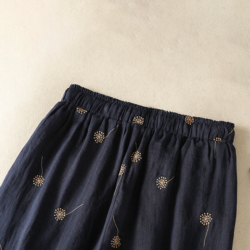 Pantaloni da donna in cotone e lino a gamba larga, modello Buddha Stones MidnightBlue Casual Commute con motivo a dente di leone