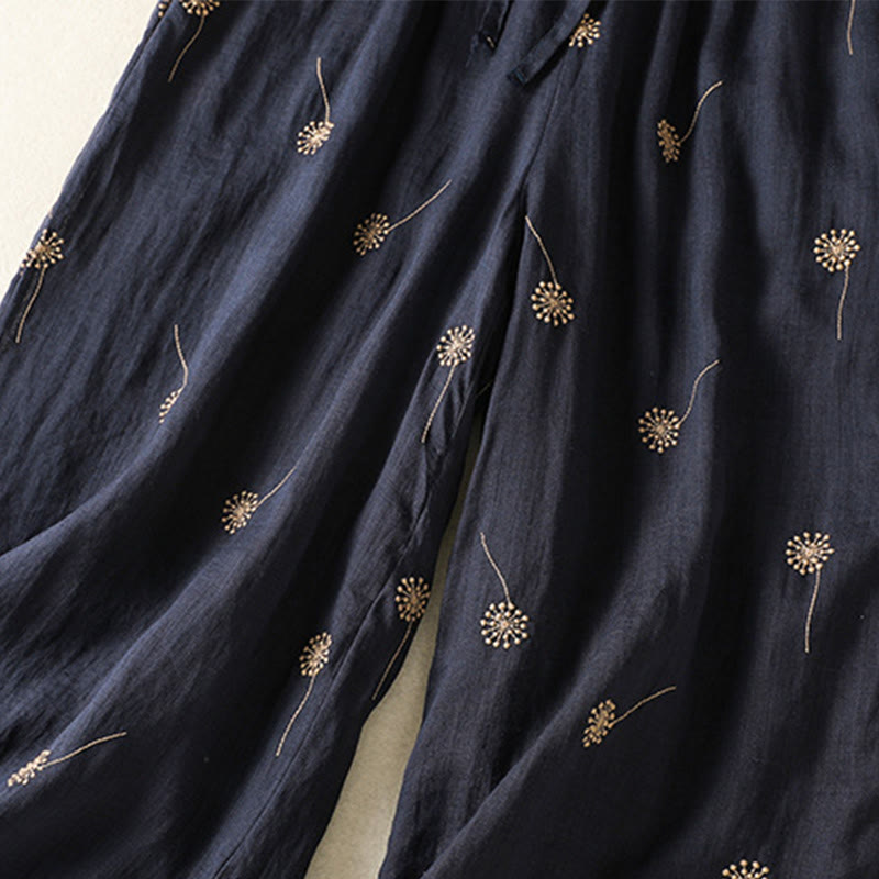 Pantaloni da donna in cotone e lino a gamba larga, modello Buddha Stones MidnightBlue Casual Commute con motivo a dente di leone