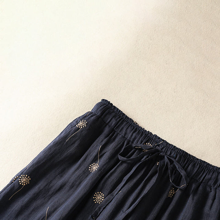 Pantaloni da donna in cotone e lino a gamba larga, modello Buddha Stones MidnightBlue Casual Commute con motivo a dente di leone