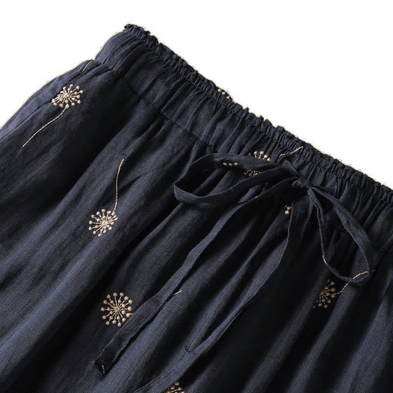 Pantaloni da donna in cotone e lino a gamba larga, modello Buddha Stones MidnightBlue Casual Commute con motivo a dente di leone