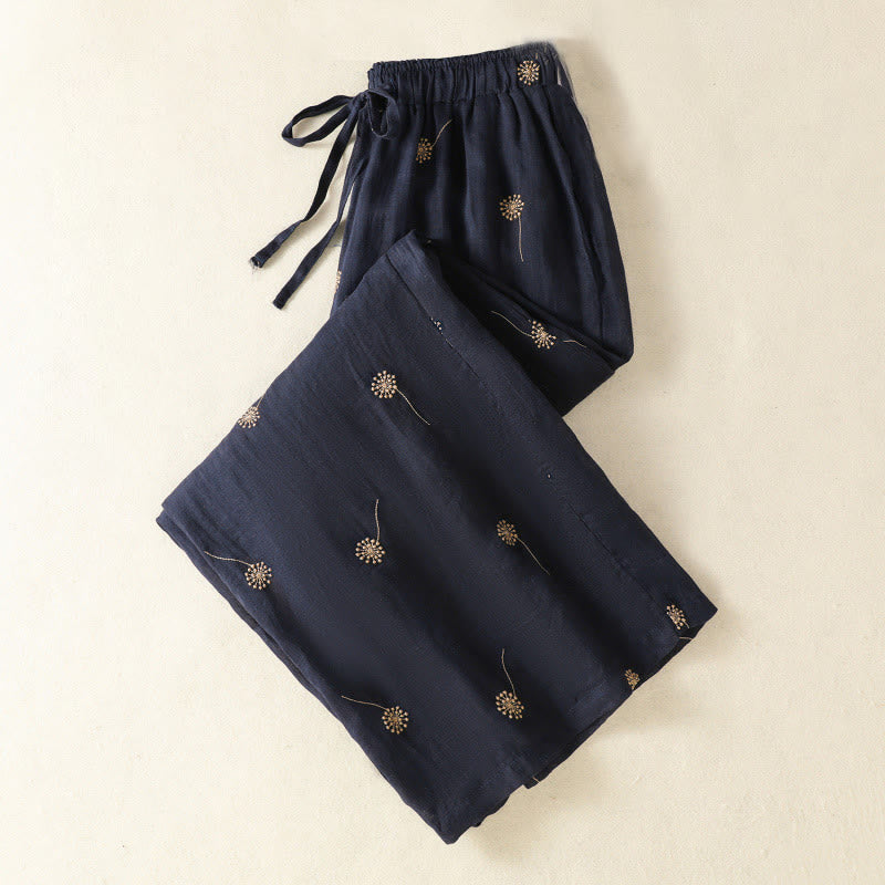 Pantaloni da donna in cotone e lino a gamba larga, modello Buddha Stones MidnightBlue Casual Commute con motivo a dente di leone