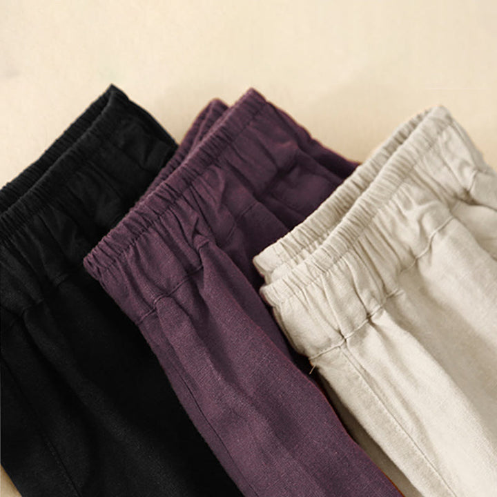 Pantaloni a gamba larga in cotone con tasche, Buddha Stones Commute Casual Pure Color da donna