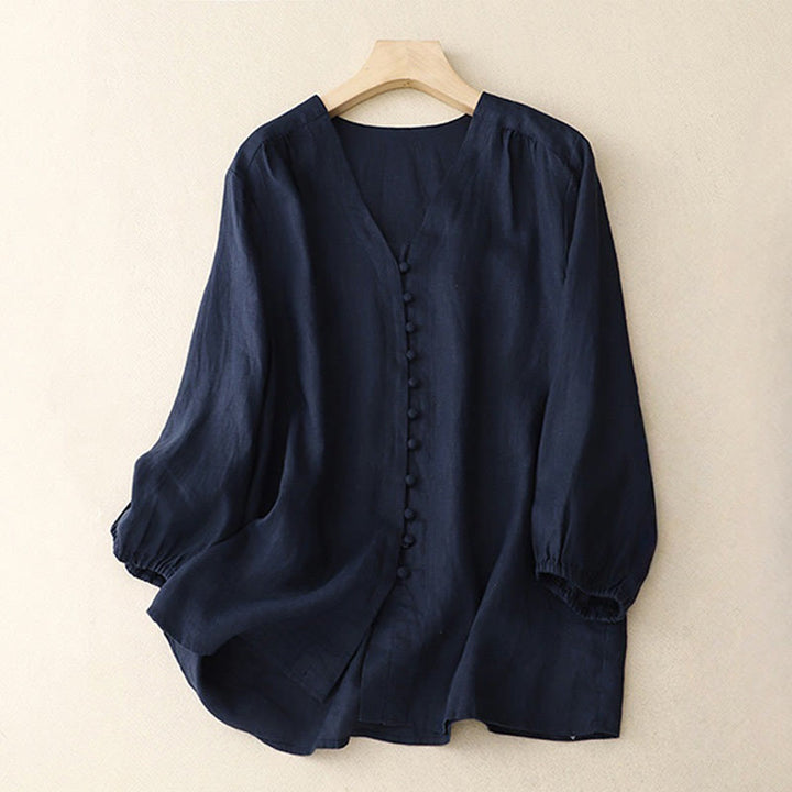 Camicia da donna a maniche lunghe in cotone e lino con scollo a V Buddha Stones - Blu notte - US8-10, UK/AU12-14, EU40-42 (2XL) - image 9