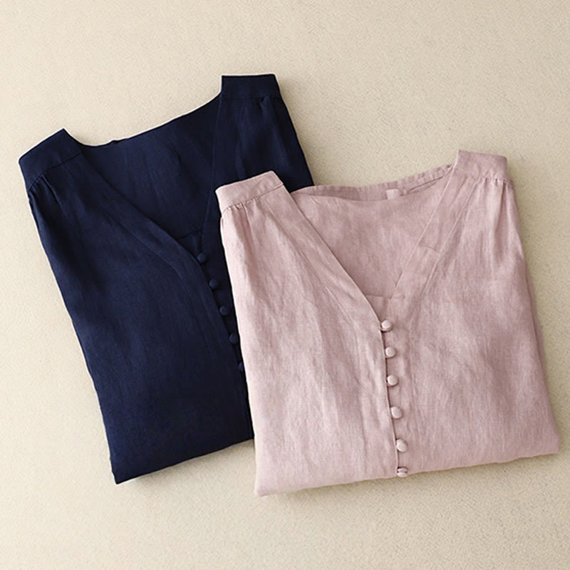 Camicia da donna a maniche lunghe in cotone e lino con scollo a V Buddha Stones - image 1