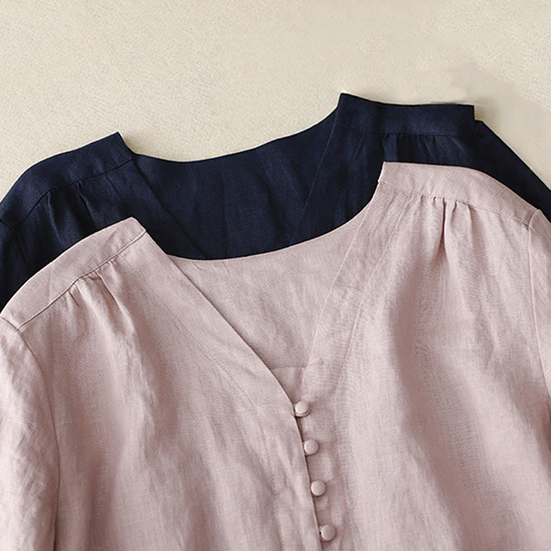 Camicia da donna a maniche lunghe in cotone e lino con scollo a V Buddha Stones - image 8