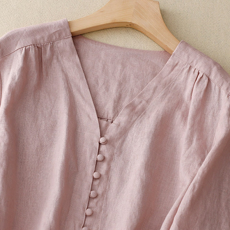 Camicia da donna a maniche lunghe in cotone e lino con scollo a V Buddha Stones - image 2