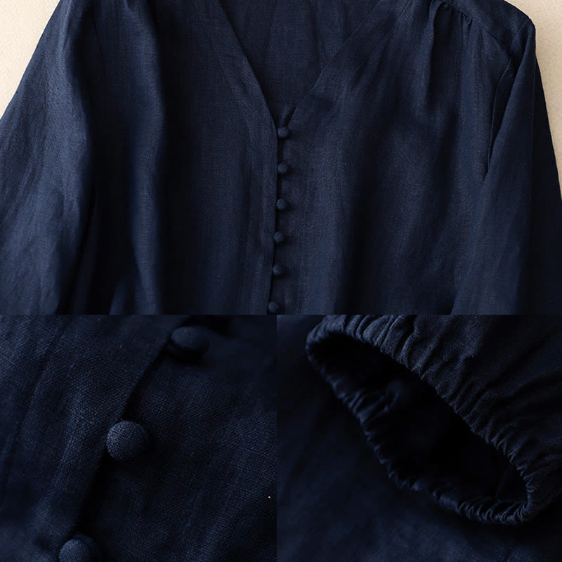 Camicia da donna a maniche lunghe in cotone e lino con scollo a V Buddha Stones - image 12