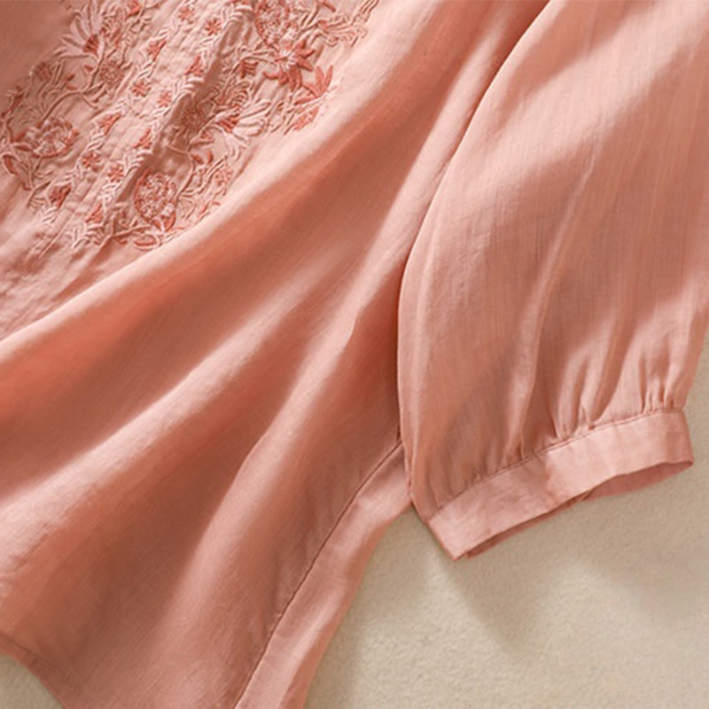 Camicia da donna in cotone e lino con maniche a tre quarti e ricamo Buddha Stones