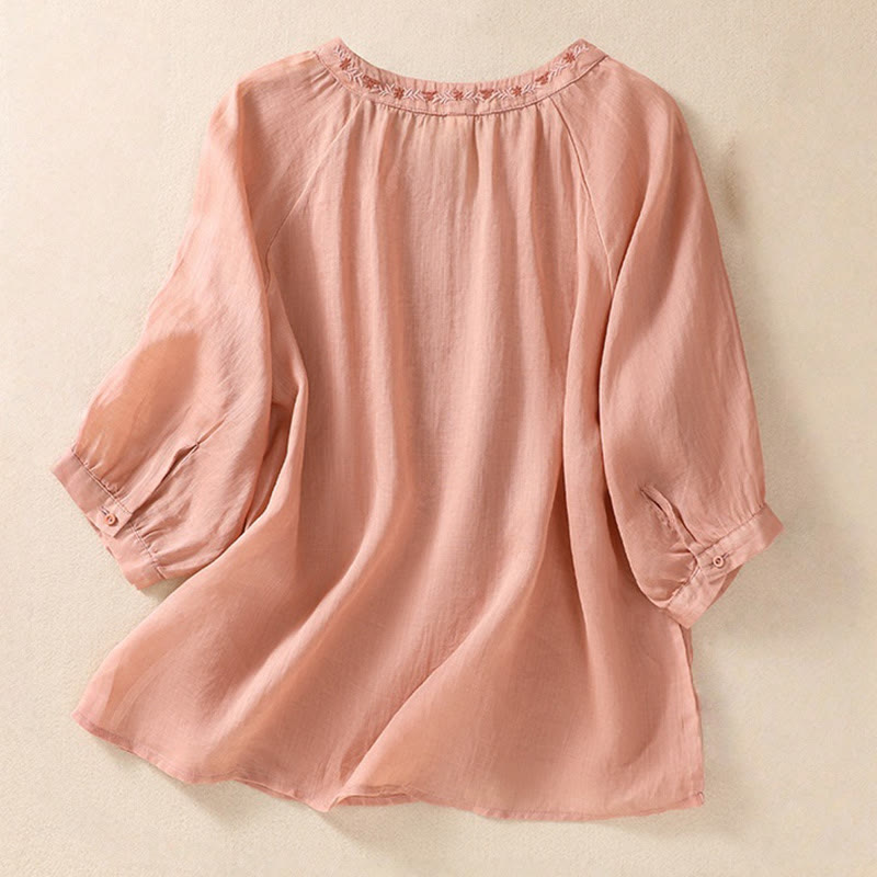 Camicia da donna in cotone e lino con maniche a tre quarti e ricamo Buddha Stones