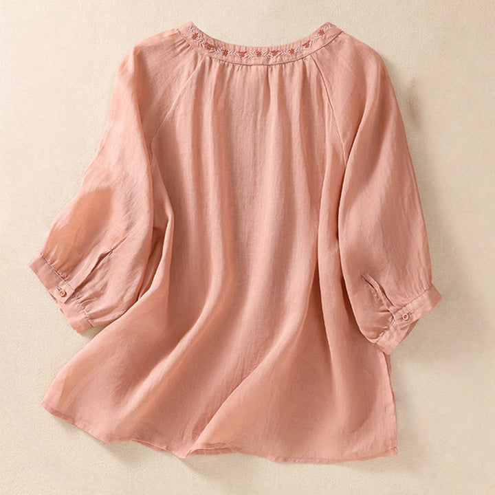 Camicia da donna in cotone e lino con maniche a tre quarti e ricamo Buddha Stones