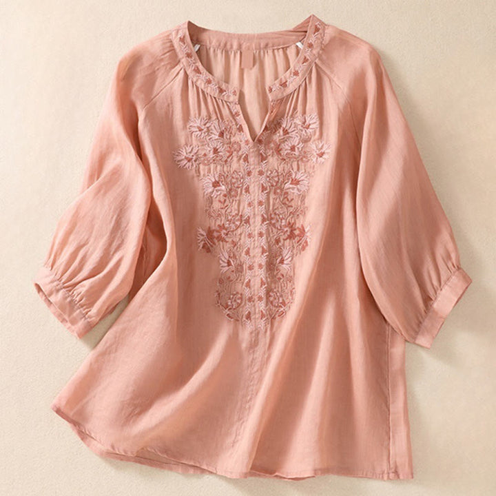 Camicia da donna in cotone e lino con maniche a tre quarti e ricamo Buddha Stones