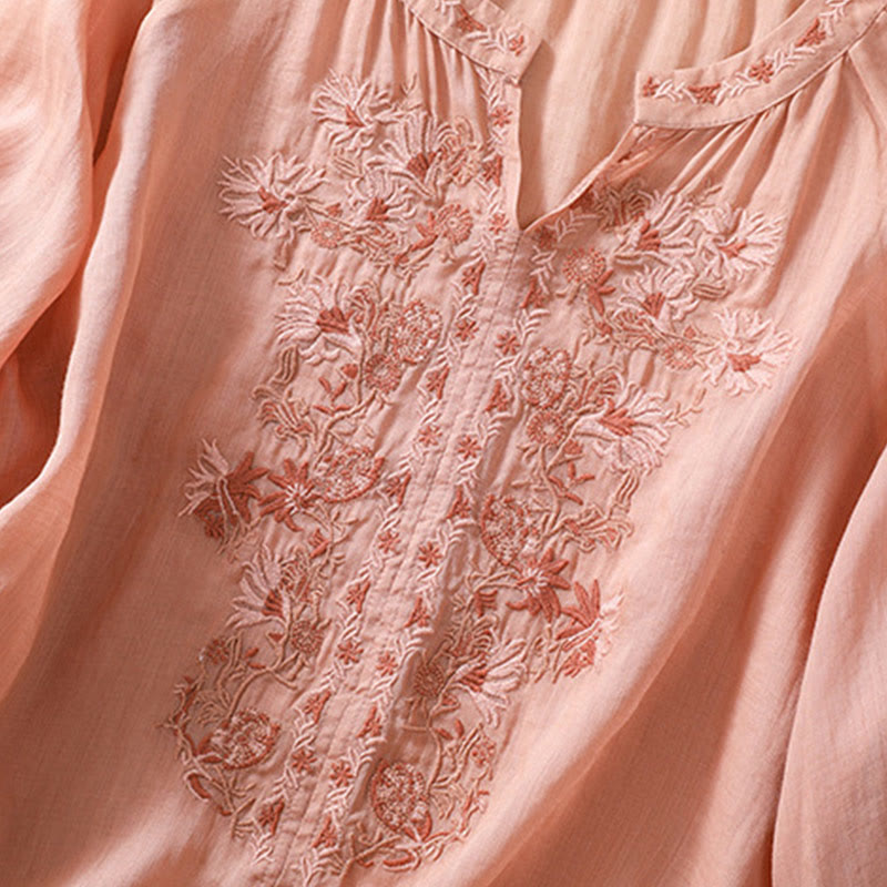 Camicia da donna in cotone e lino con maniche a tre quarti e ricamo Buddha Stones