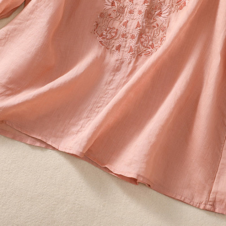 Camicia da donna in cotone e lino con maniche a tre quarti e ricamo Buddha Stones