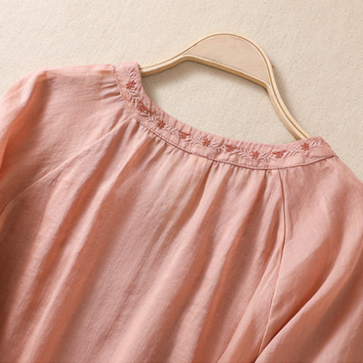 Camicia da donna in cotone e lino con maniche a tre quarti e ricamo Buddha Stones