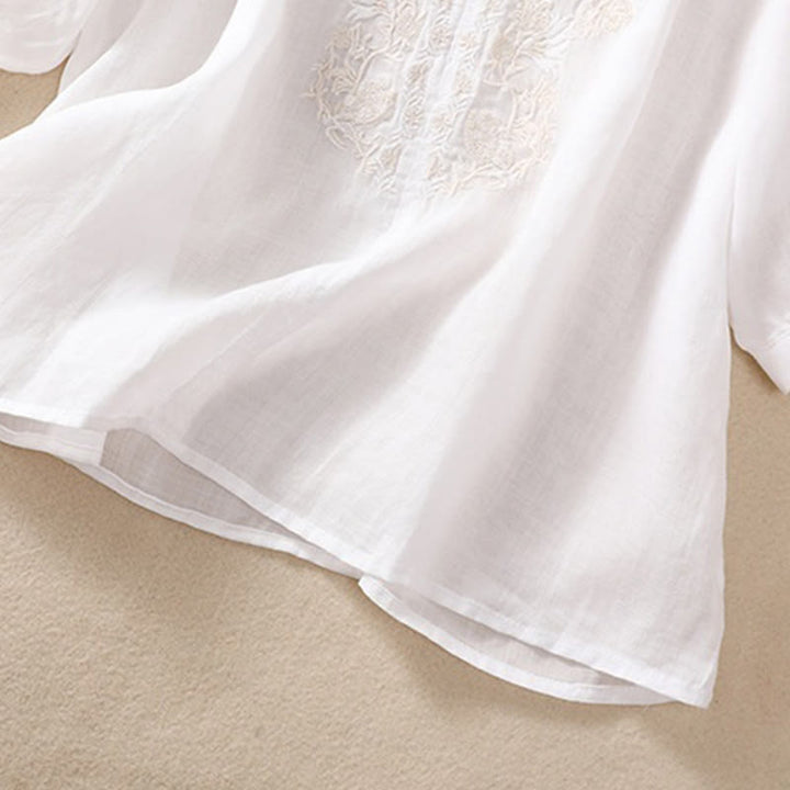 Camicia da donna in cotone e lino con maniche a tre quarti e ricamo Buddha Stones