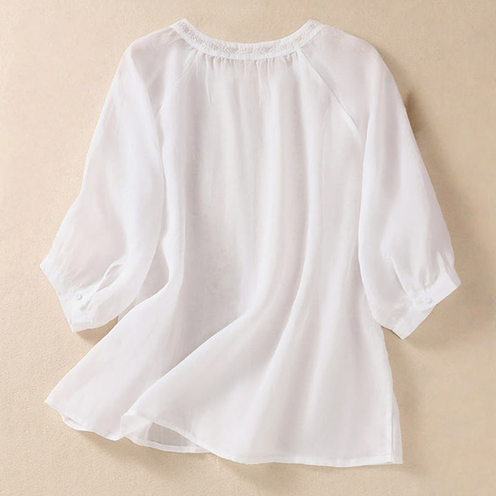 Camicia da donna in cotone e lino con maniche a tre quarti e ricamo Buddha Stones