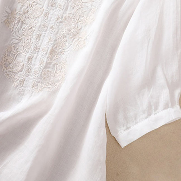 Camicia da donna in cotone e lino con maniche a tre quarti e ricamo Buddha Stones