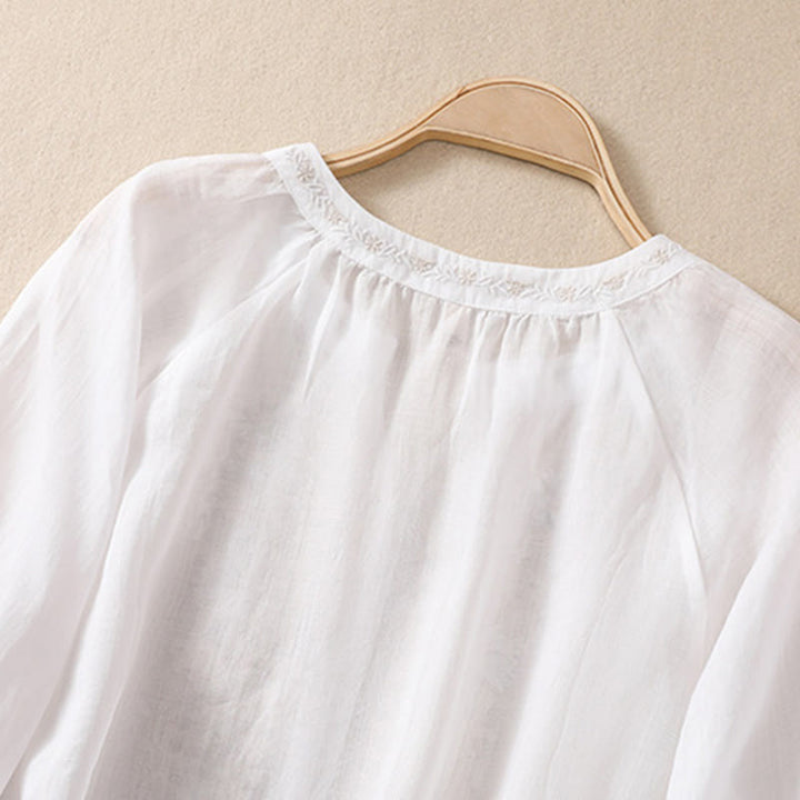 Camicia da donna in cotone e lino con maniche a tre quarti e ricamo Buddha Stones