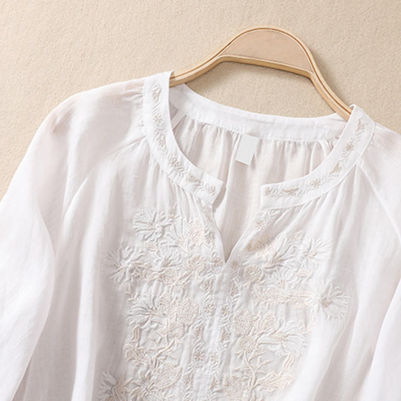 Camicia da donna in cotone e lino con maniche a tre quarti e ricamo Buddha Stones