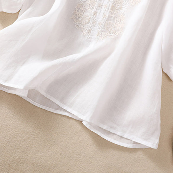 Camicia da donna in cotone e lino con maniche a tre quarti e ricamo Buddha Stones