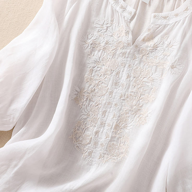 Camicia da donna in cotone e lino con maniche a tre quarti e ricamo Buddha Stones