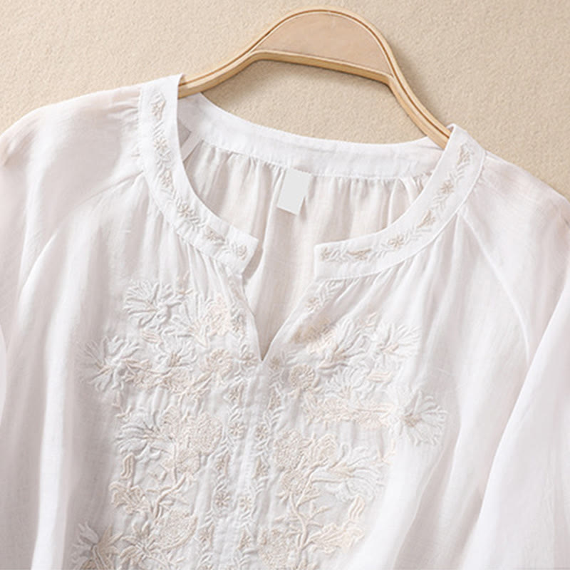 Camicia da donna in cotone e lino con maniche a tre quarti e ricamo Buddha Stones