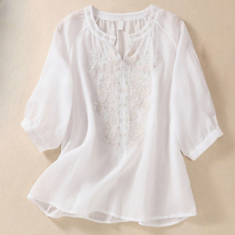 Camicia da donna in cotone e lino con maniche a tre quarti e ricamo Buddha Stones