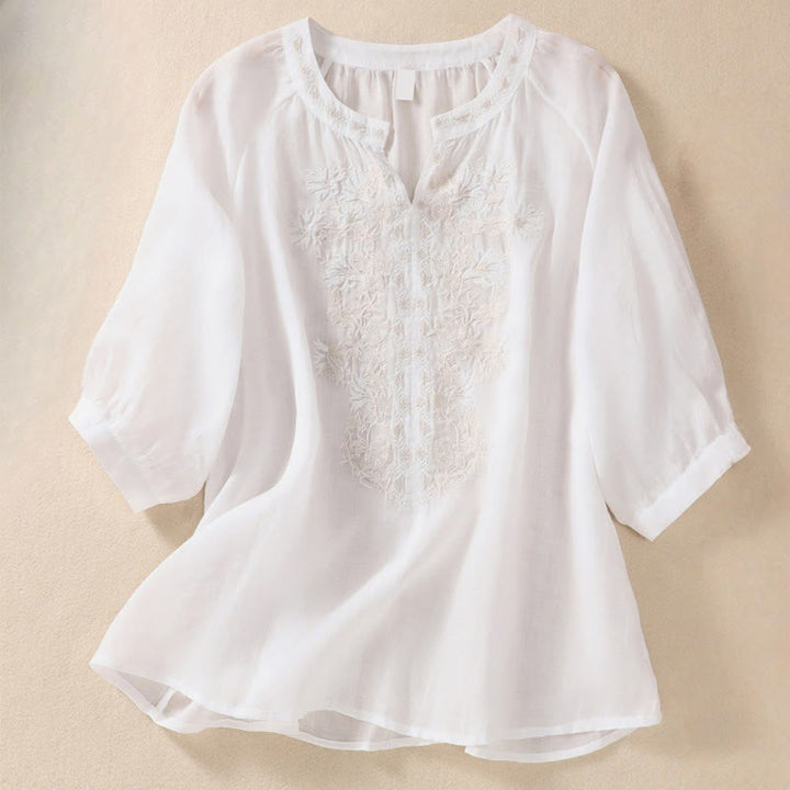 Camicia da donna in cotone e lino con maniche a tre quarti e ricamo Buddha Stones