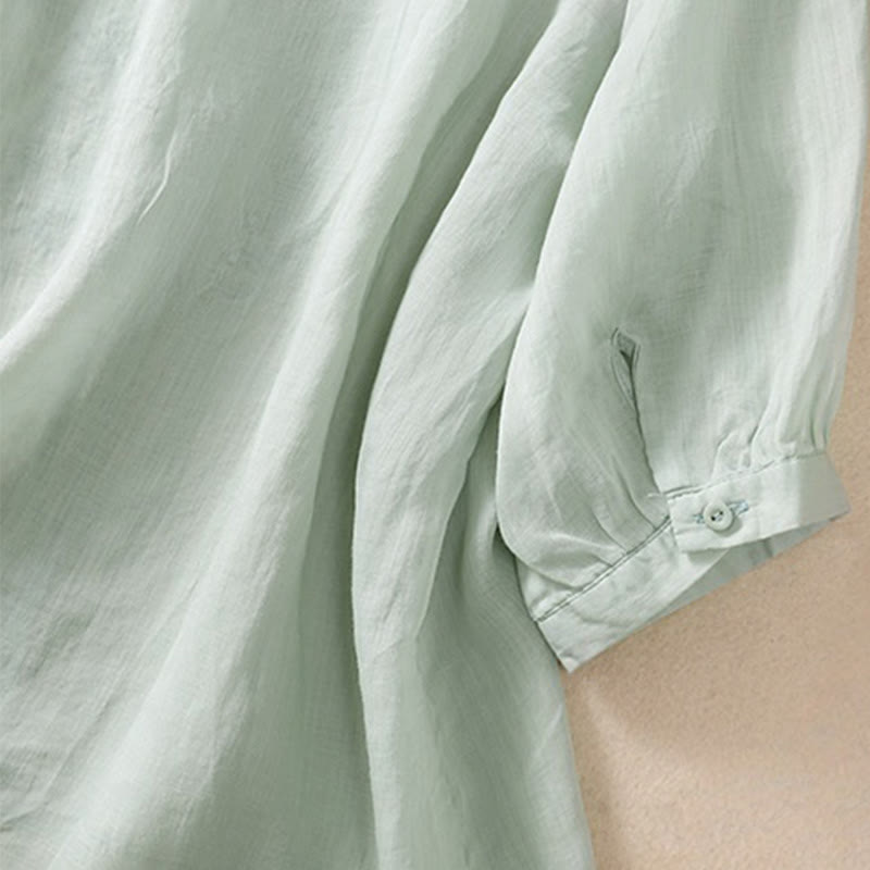 Camicia da donna in cotone e lino con maniche a tre quarti e ricamo Buddha Stones