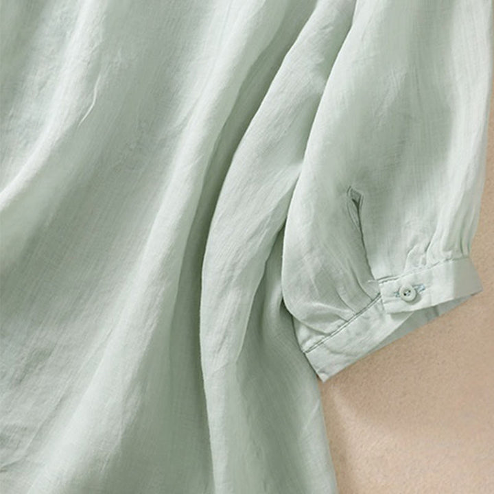 Camicia da donna in cotone e lino con maniche a tre quarti e ricamo Buddha Stones