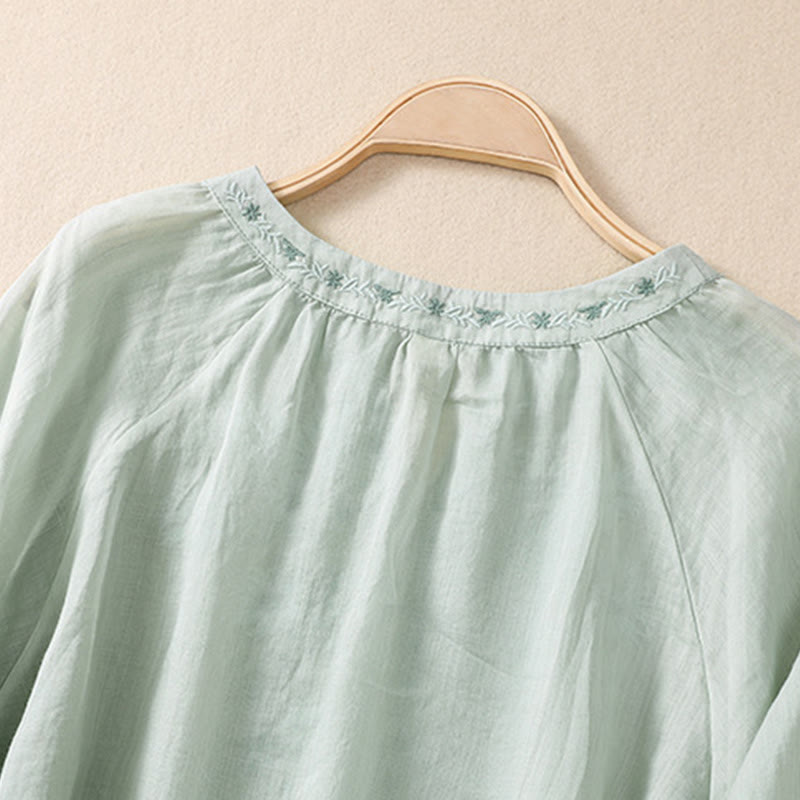 Camicia da donna in cotone e lino con maniche a tre quarti e ricamo Buddha Stones