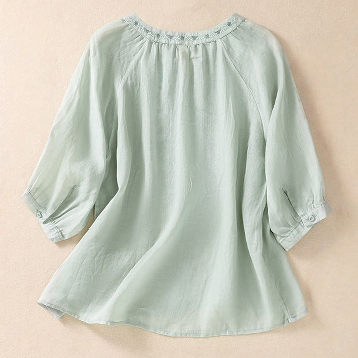 Camicia da donna in cotone e lino con maniche a tre quarti e ricamo Buddha Stones