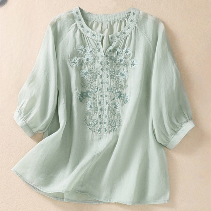Camicia da donna in cotone e lino con maniche a tre quarti e ricamo Buddha Stones