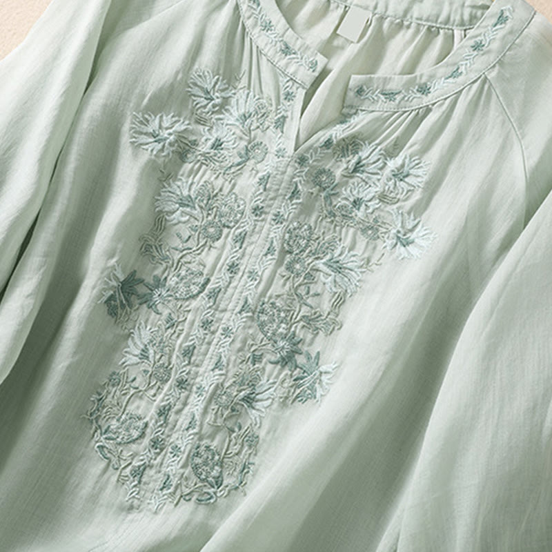 Camicia da donna in cotone e lino con maniche a tre quarti e ricamo Buddha Stones