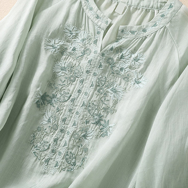 Camicia da donna in cotone e lino con maniche a tre quarti e ricamo Buddha Stones